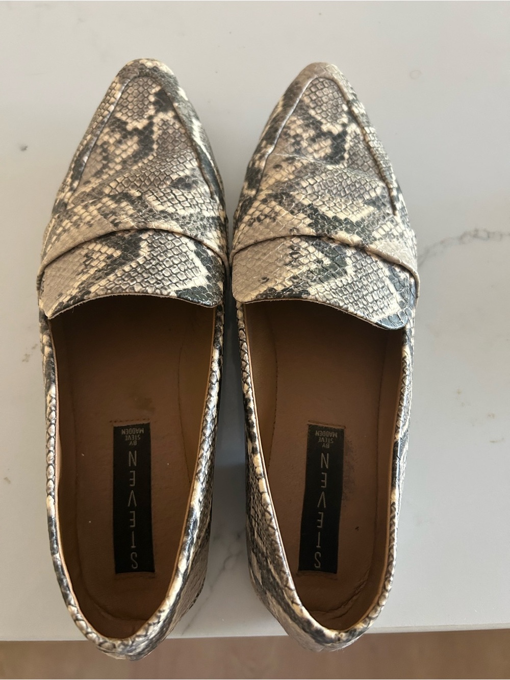 Steven  Women's Snake-Print Loafers in Beige and Gray